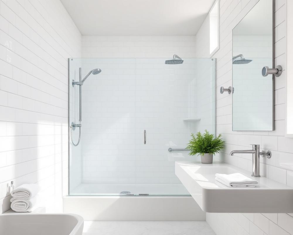 Pristine bathroom with polished fixtures and folded towels