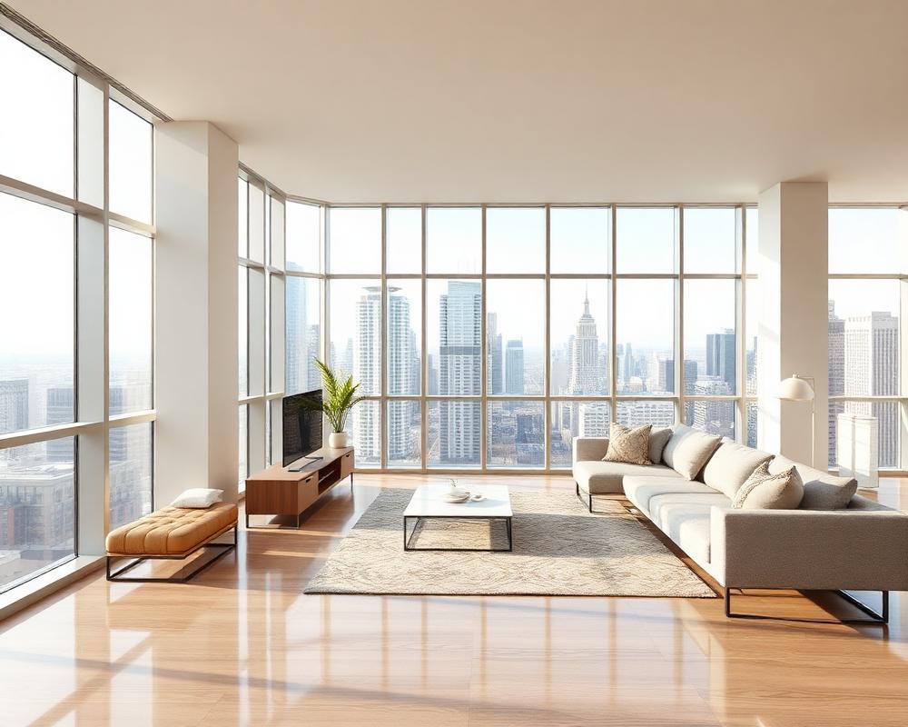 Tidy modern condo living space with clean floors and city views