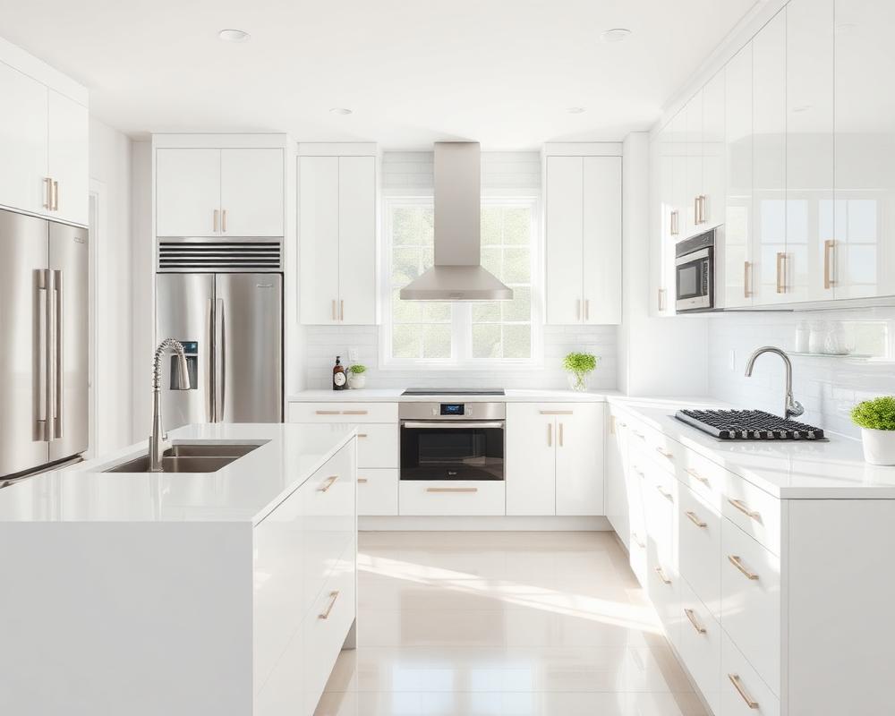 Spotless white modern kitchen after a professional cleaning