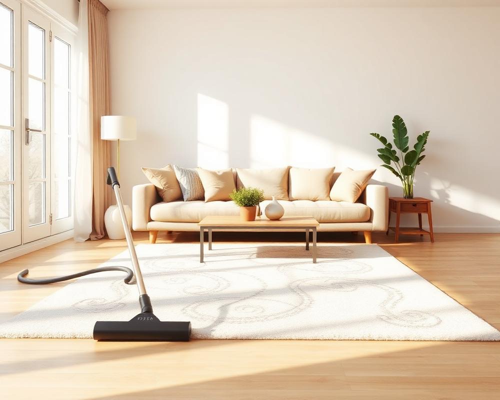 Bright living room with freshly vacuumed rug and tidy furniture